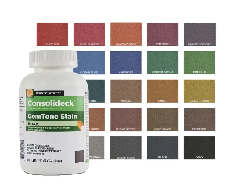 Paleta oficial GemTone Stain - tintes penetrantes para hormigón con colores Ruby Red, Emerald, Ocean Blue y más
